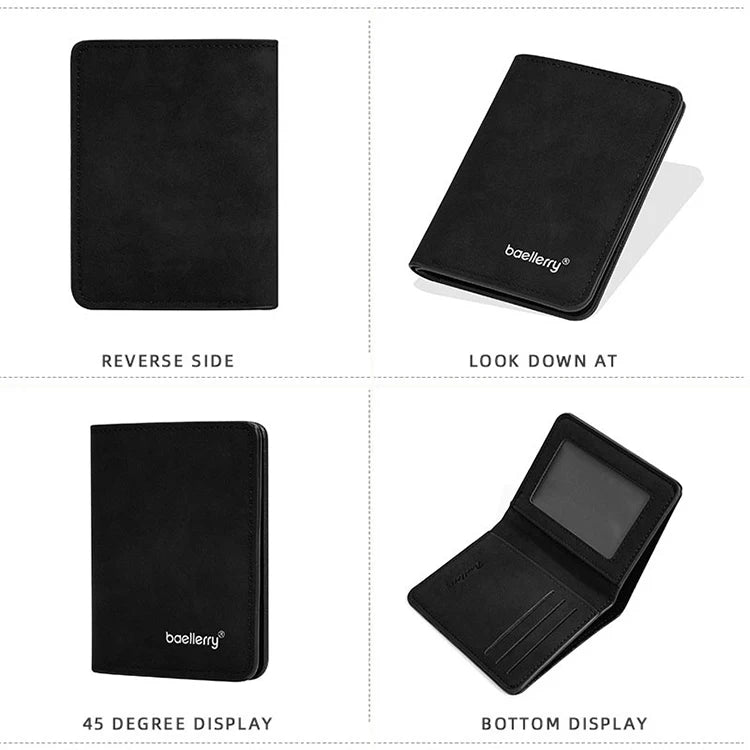 A black leather bifold wallet shown from the reverse side, look down at, 45 degree display, and bottom display angles.