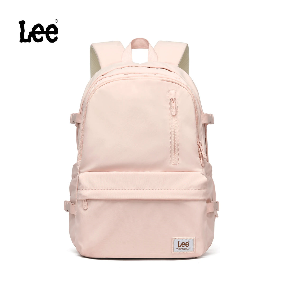 A light pink Lee Oxford school backpack with a laptop sleeve.