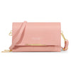 A pink women's multi-card shoulder wallet with gold hardware shown against a white background.