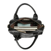 A black soft leather tote bag with a top handle and adjustable strap, showing the interior compartment.