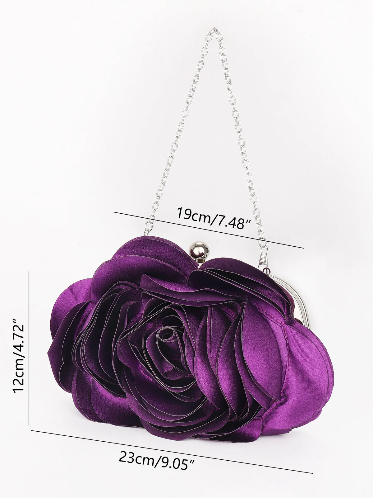 A deep purple rose floral evening clutch bag with a silver chain strap displayed against a white background.