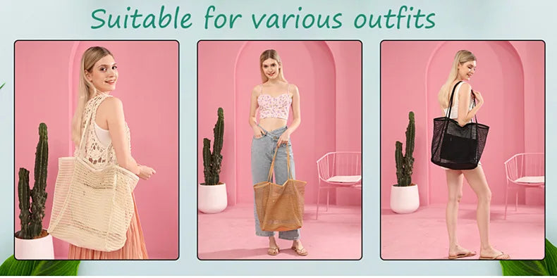 A woman models a beige mesh beach tote with woven shoulder straps in a pink room setting.