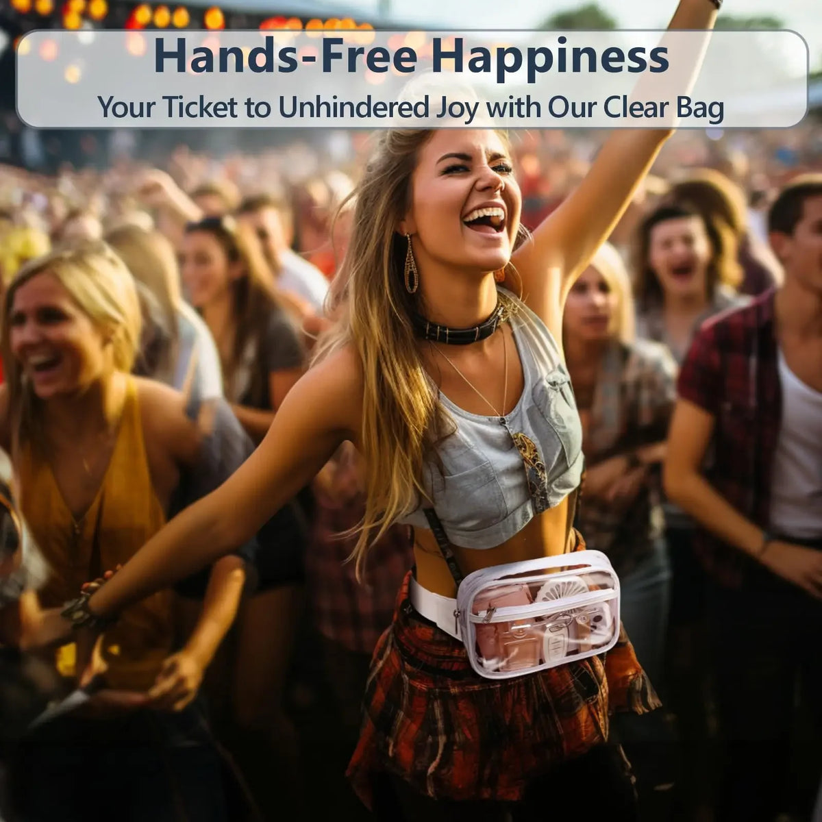 A young woman smiling and cheering at a concert, wearing a clear bag on her waist.