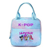 Light blue K-Pop themed insulated backpack featuring a vibrant design and purple accents.