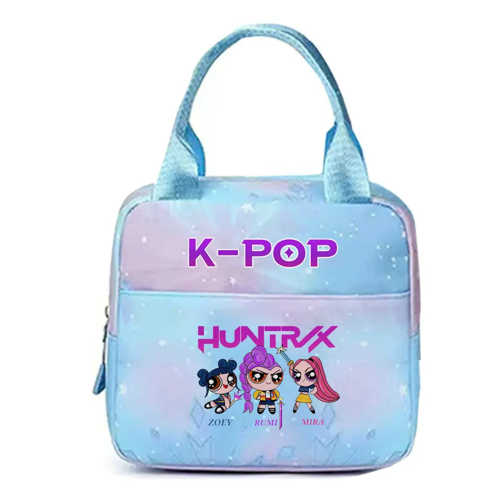 Light blue K-Pop themed insulated backpack featuring a vibrant design and purple accents.