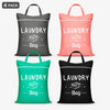 A set of four laundry bags in gray, pink, green, and black fabric.