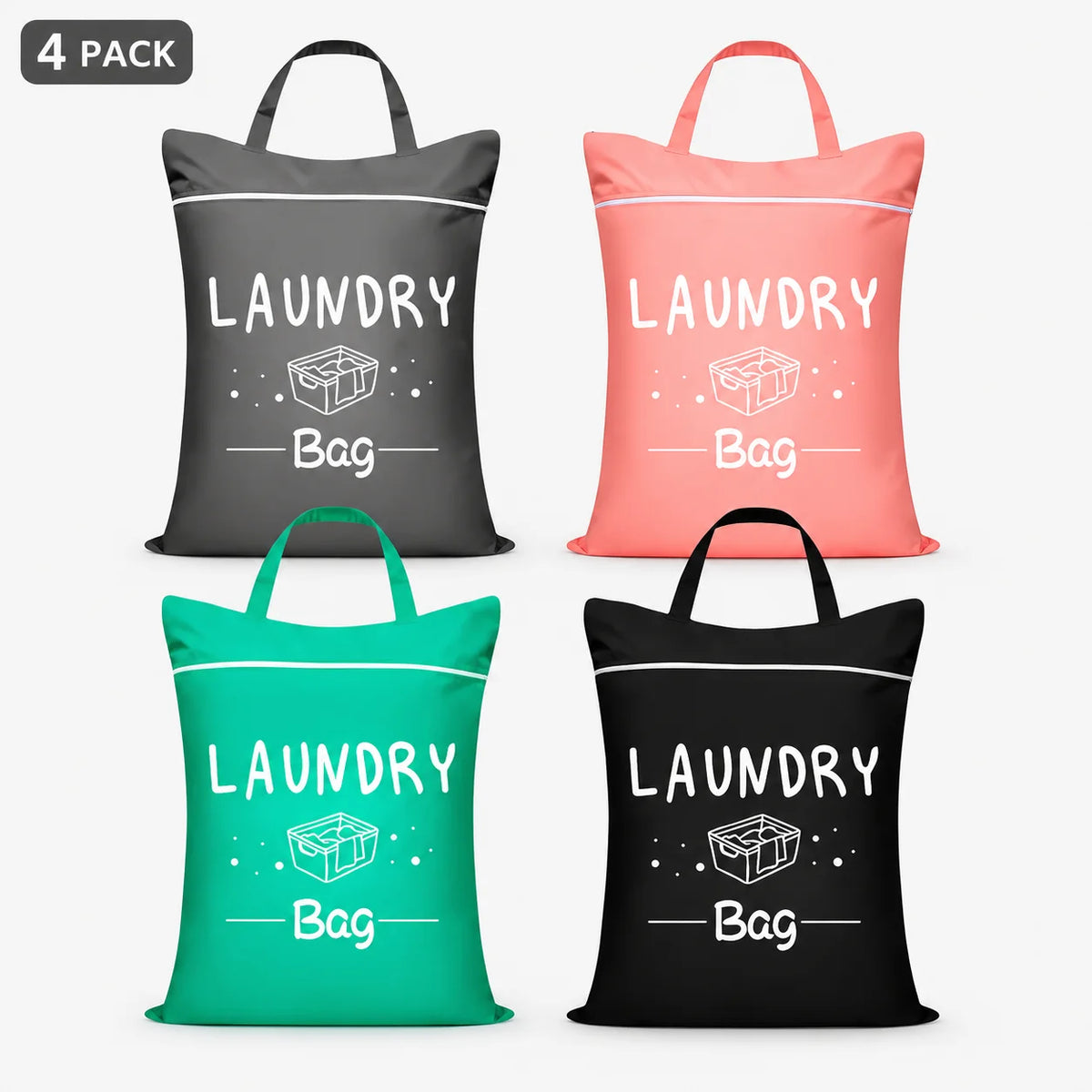 A set of four laundry bags in gray, pink, green, and black fabric.