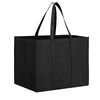 A black reusable foldable grocery tote bag with handles shown from the front.