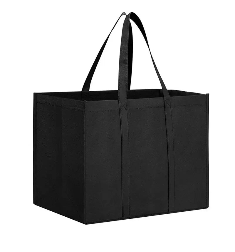 A black reusable foldable grocery tote bag with handles shown from the front.