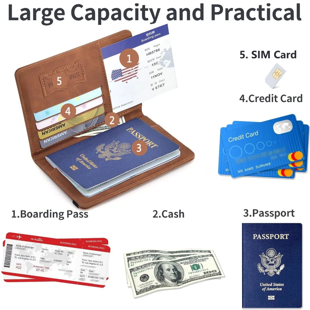 Brown leather passport holder containing boarding pass, cash, and passport documents