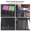Interior double-layered space compartmentalized storage organizer box showing various compartments and fabric layers