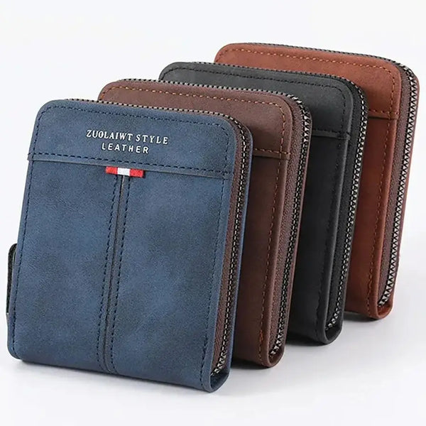 A set of three brown and blue leather wallets with stitching and a small flag detail.