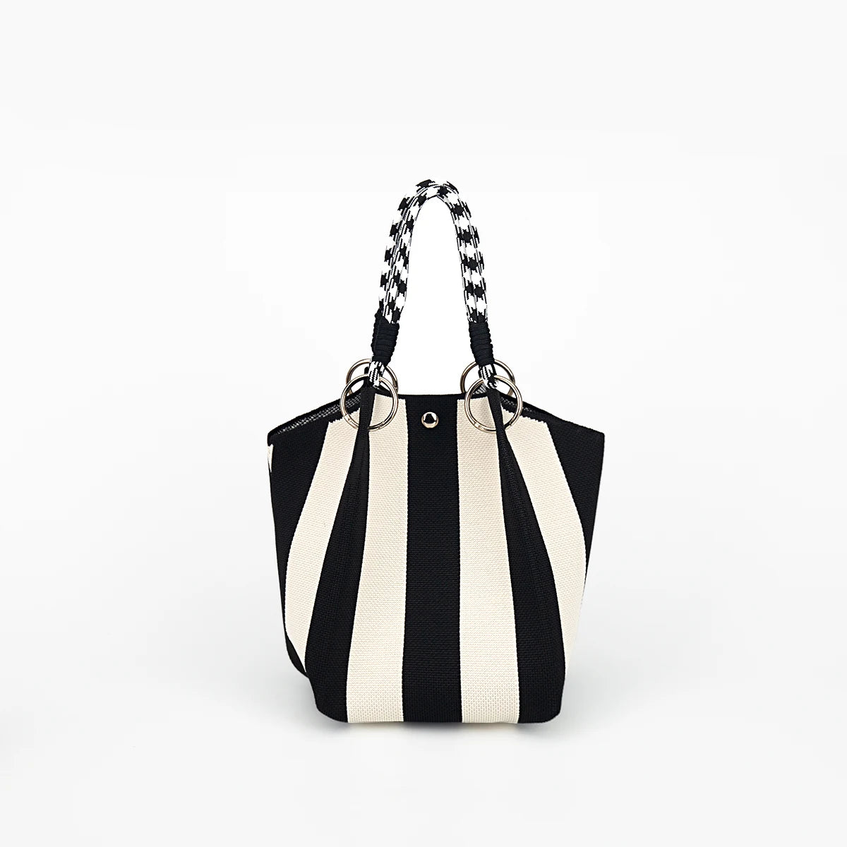 A black and white striped knitted contrast tote handbag with braided handles.