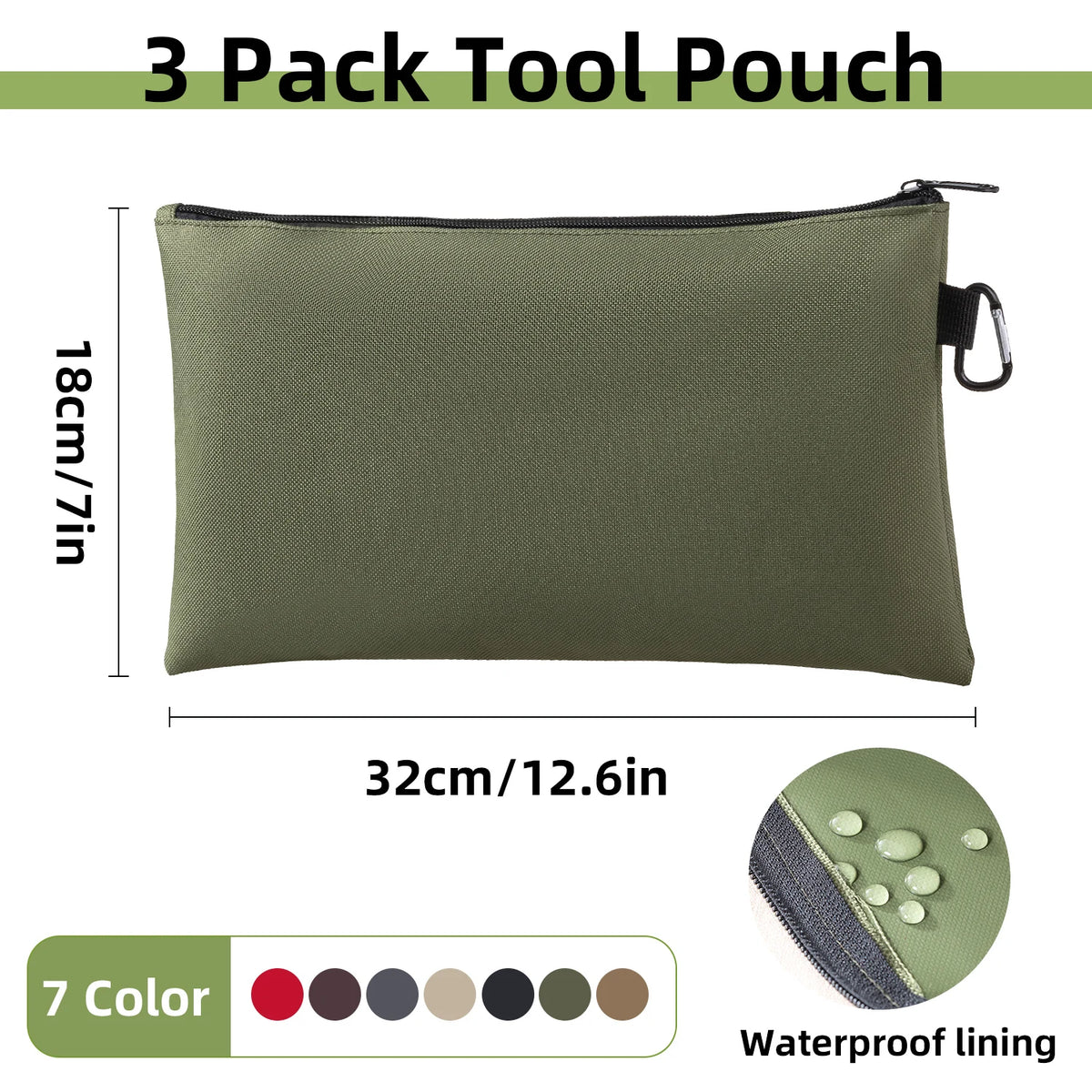 A green tool pouch with waterproof lining and a black zipper, shown next to color options.