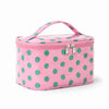 Bolsa de almacenamiento cosmético rosa con lunares verdes y asa rosa.