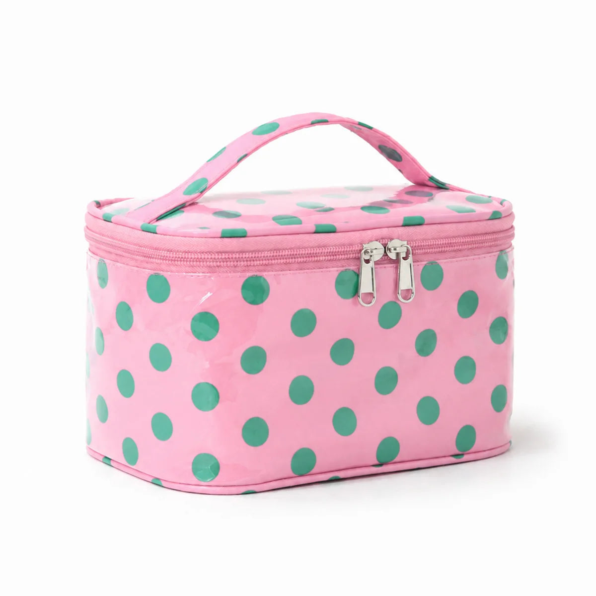 Bolsa de almacenamiento cosmético rosa con lunares verdes y asa rosa.