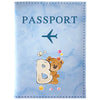 A light blue passport card holder featuring a vintage letter B print and a small airplane icon.