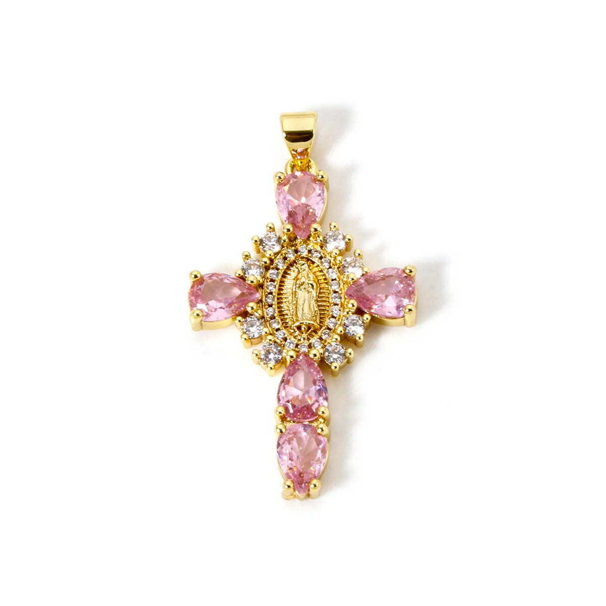 A gold-plated cross and Virgin Mary charm pendant featuring pink gemstones and cubic zirconia stones.