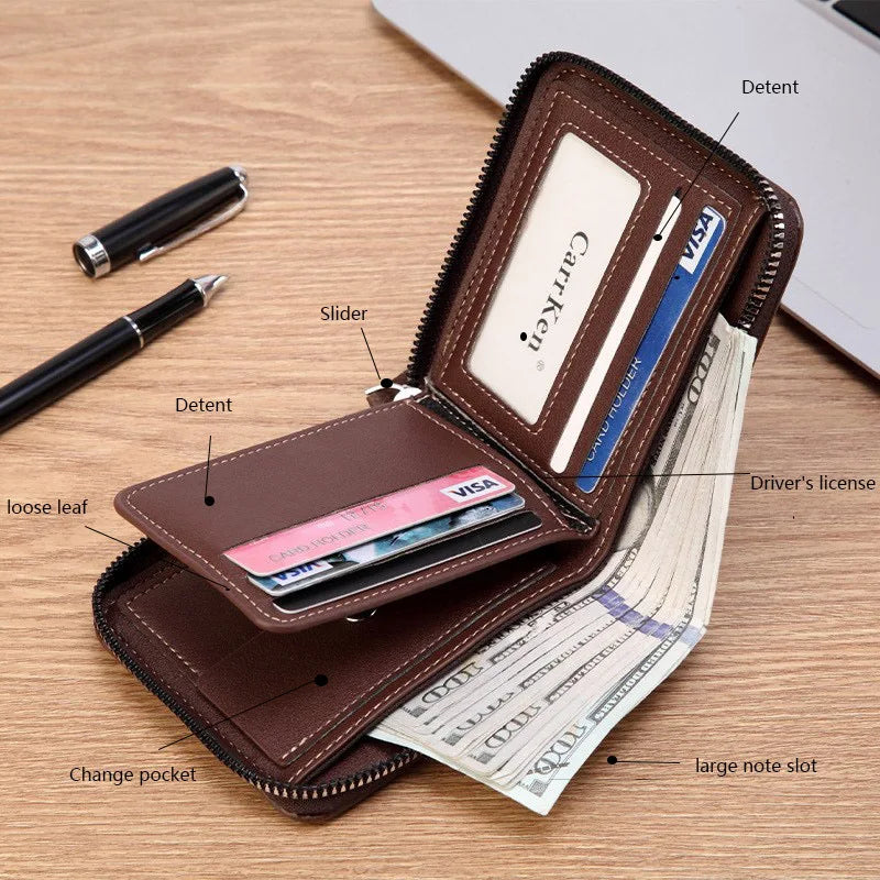 A brown leather bifold wallet showing various slots including a card slot, a driver's license slot, and a large note slot.