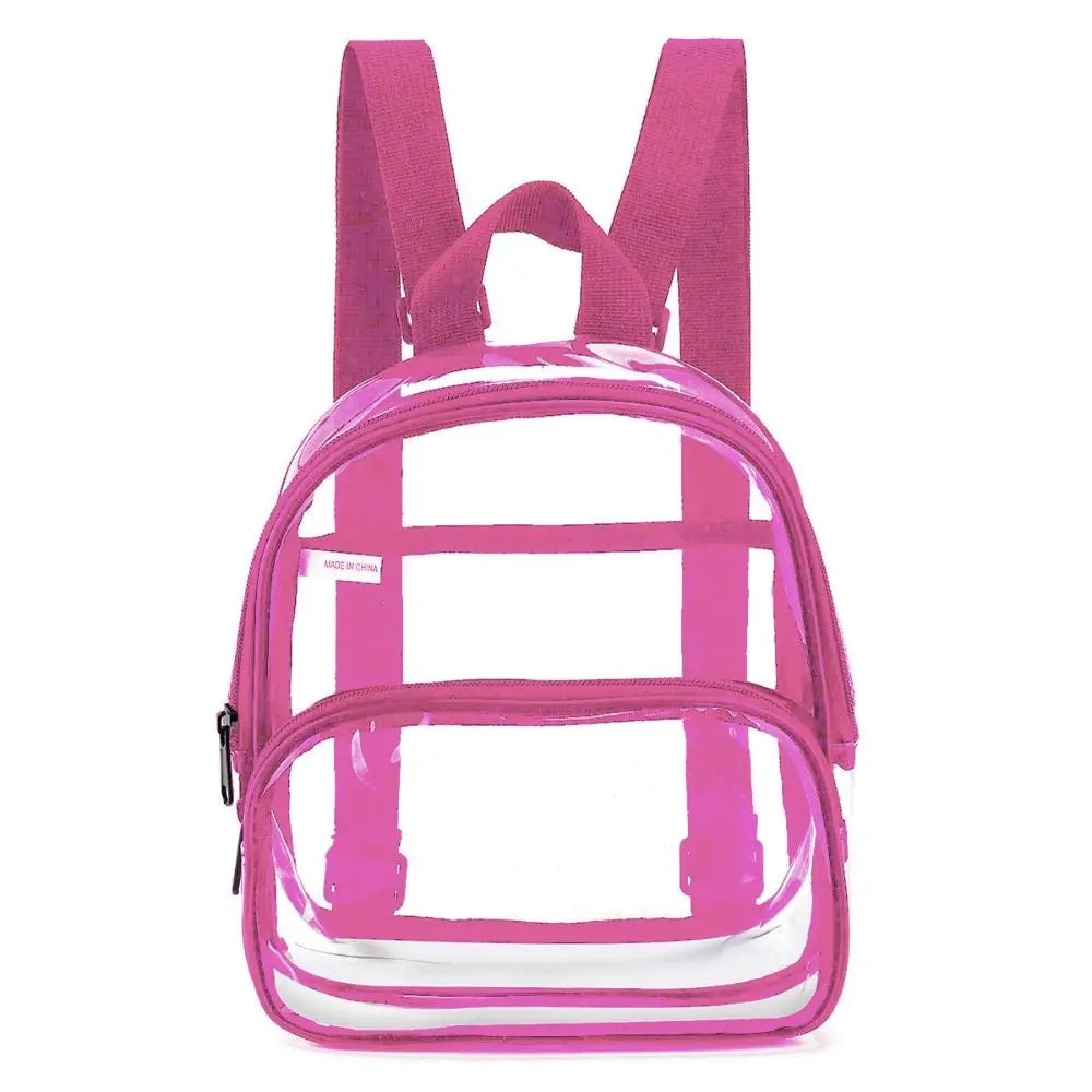 A bright pink clear PVC backpack storage pouch with pink straps.