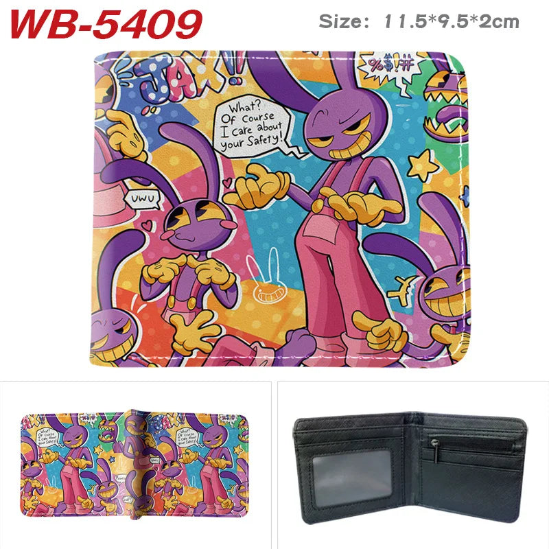 Lila und orangefarbenes, cartoon-inspiriertes Kunstleder-Klappwallet mit klarem Fenster.
