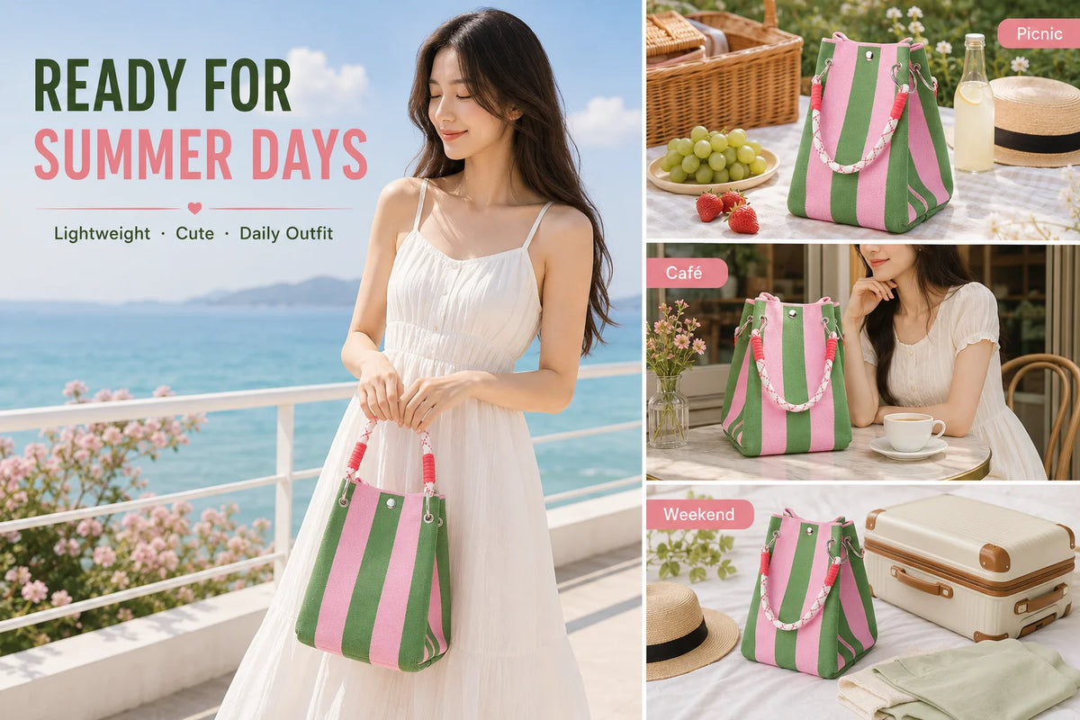 A woman models a white dress and a striped knit bucket tote bag in pink and green against a scenic outdoor background.