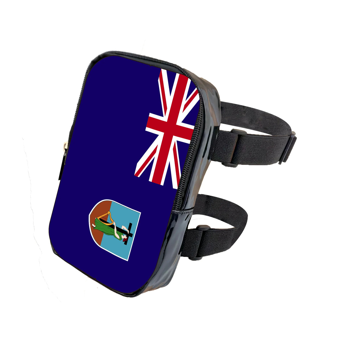 A dark blue pouch with a Union Jack design and black adjustable strap.