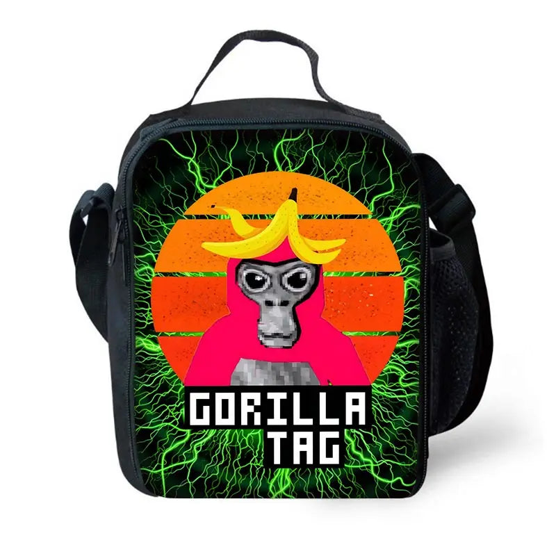Sac à dos noir avec un graphique vibrant d'une tête de gorille aux cheveux jaunes sur fond vert néon.