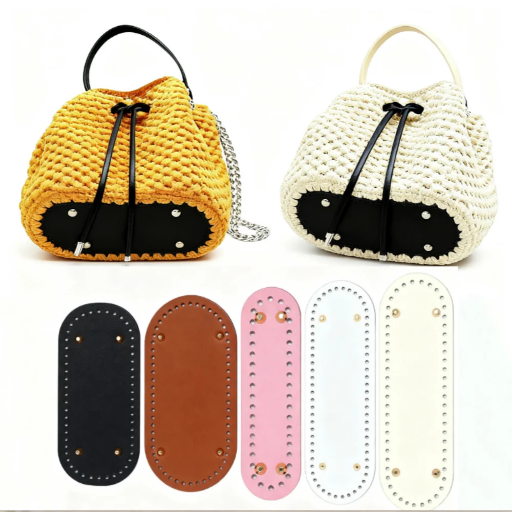 A yellow crocheted bag with a black strap and an oval PU leather base featuring pre-punched holes.