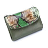 A genuine leather mini card holder wallet featuring a green and brown crocodile print on the exterior.