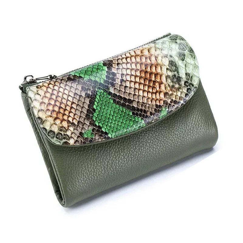 A genuine leather mini card holder wallet featuring a green and brown crocodile print on the exterior.