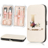A beige cosmetic case containing a 7-piece stainless steel nail clipper set and a large matching cosmetic pouch.