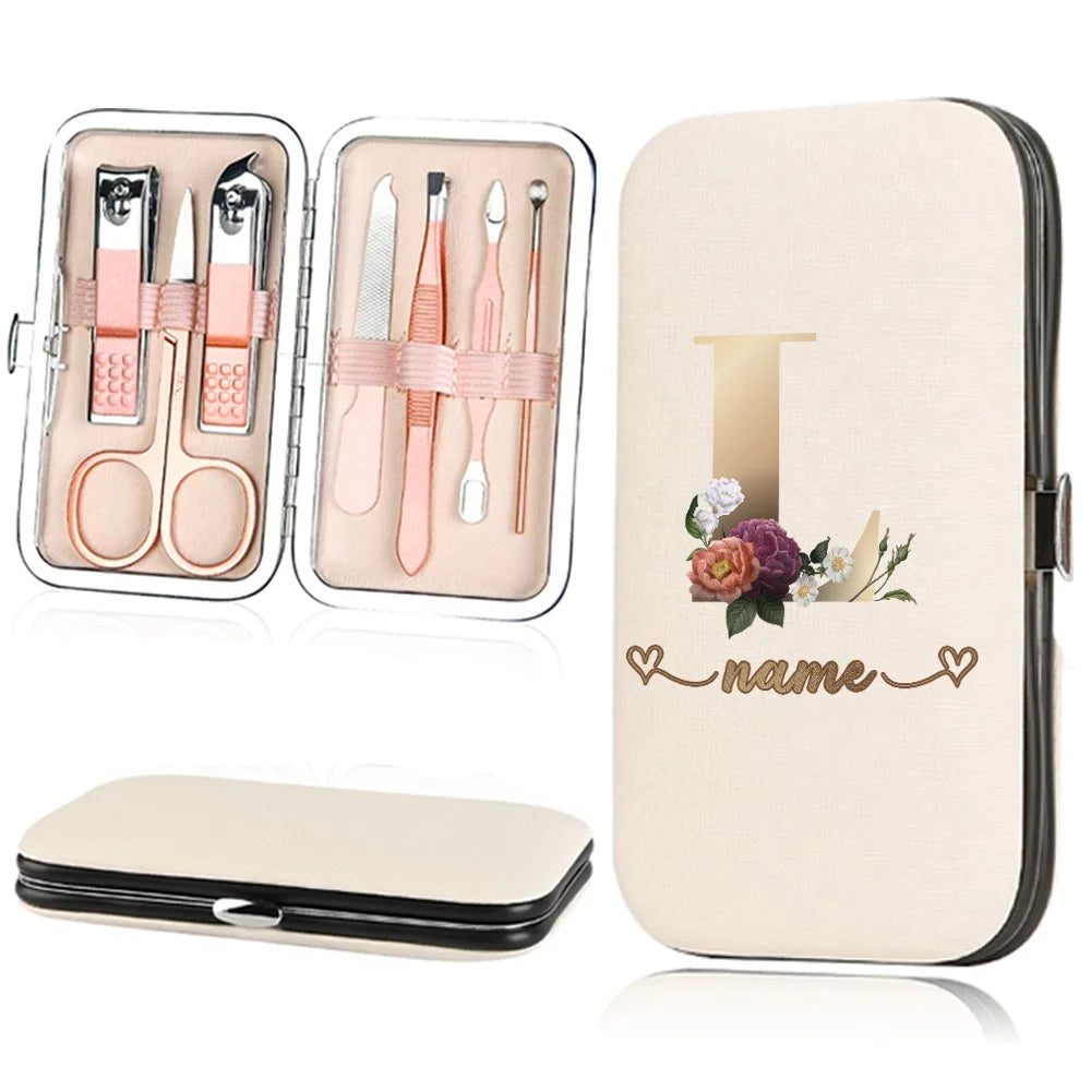 A beige cosmetic case containing a 7-piece stainless steel nail clipper set and a large matching cosmetic pouch.