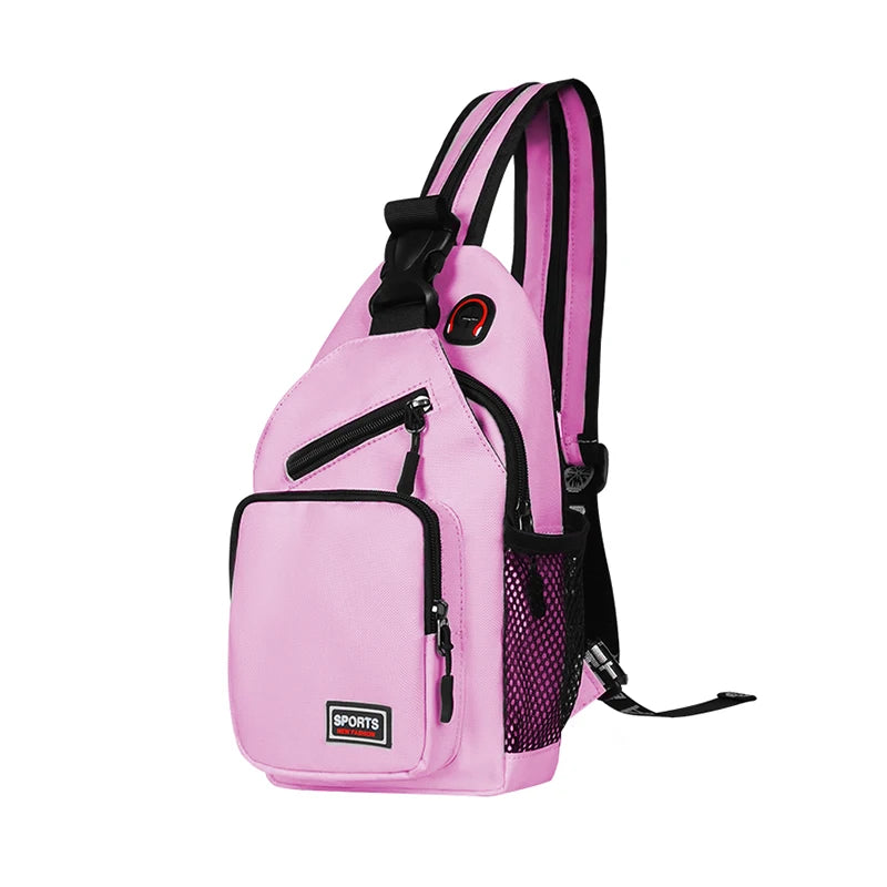 A pink multi-use adjustable chest and shoulder bag with black straps and a mesh pocket.