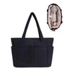 A black quilted tote bag with a shoulder strap, shown alongside its interior contents.