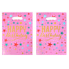 Two pink gift bags decorated with gold and pastel colored stars and the text HAPPY BIRTHDAY