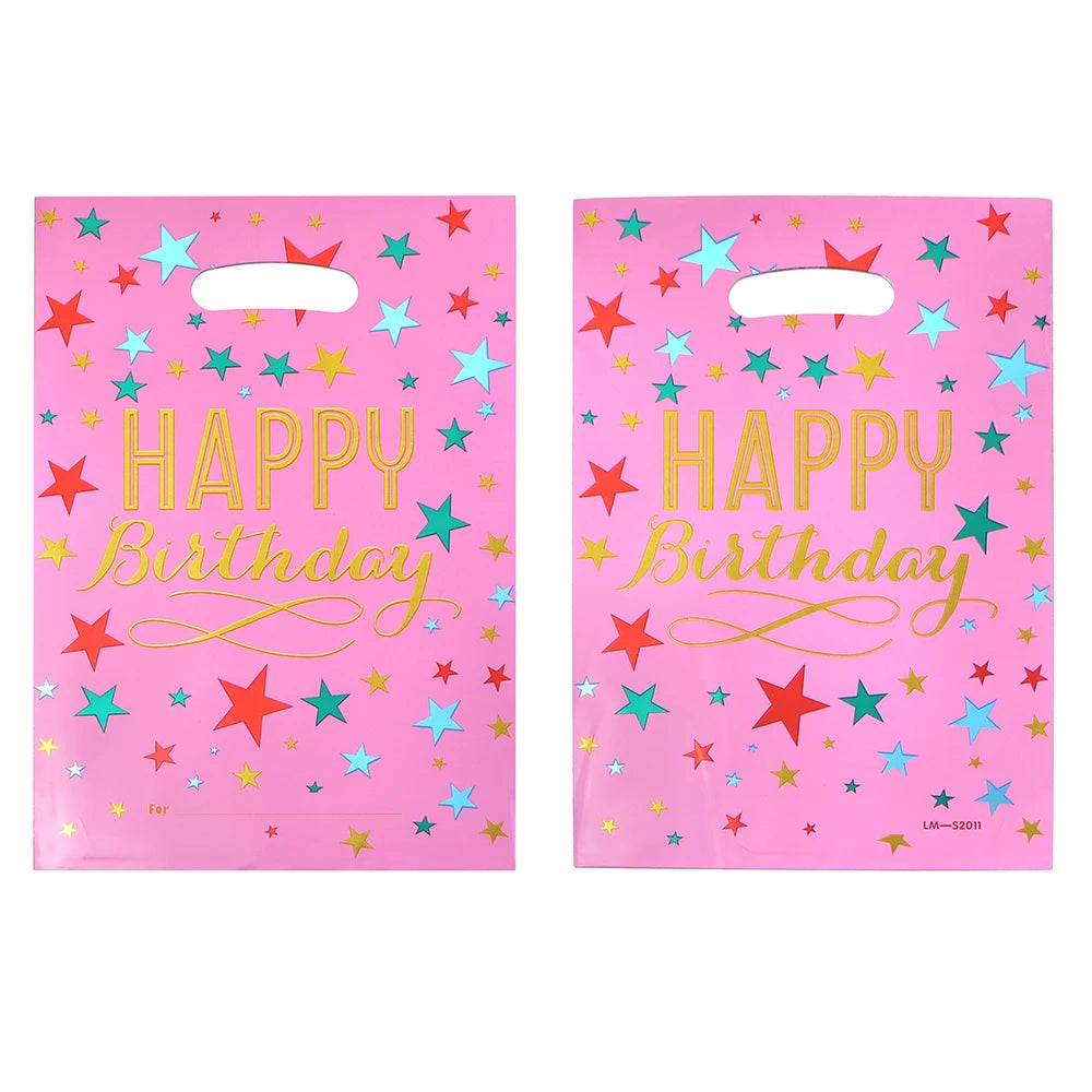 Two pink gift bags decorated with gold and pastel colored stars and the text HAPPY BIRTHDAY