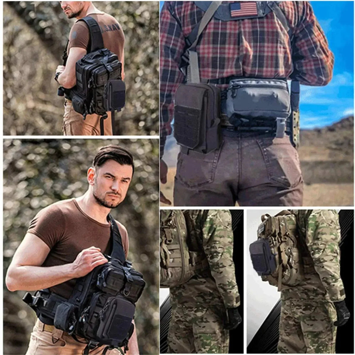 A man wearing a tactical MOLLE waist pack for EDC gear with a plaid shirt and military-style pants.