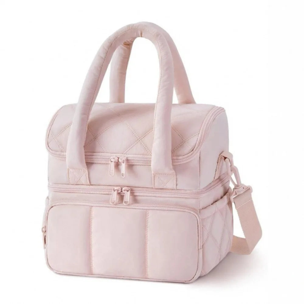 Bolsa de almuerzo impermeable rosa claro de doble compartimento acolchada.