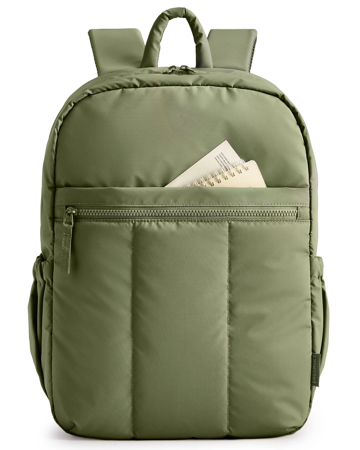 Olive green large capacity laptop backpack with a front pocket and quilted design