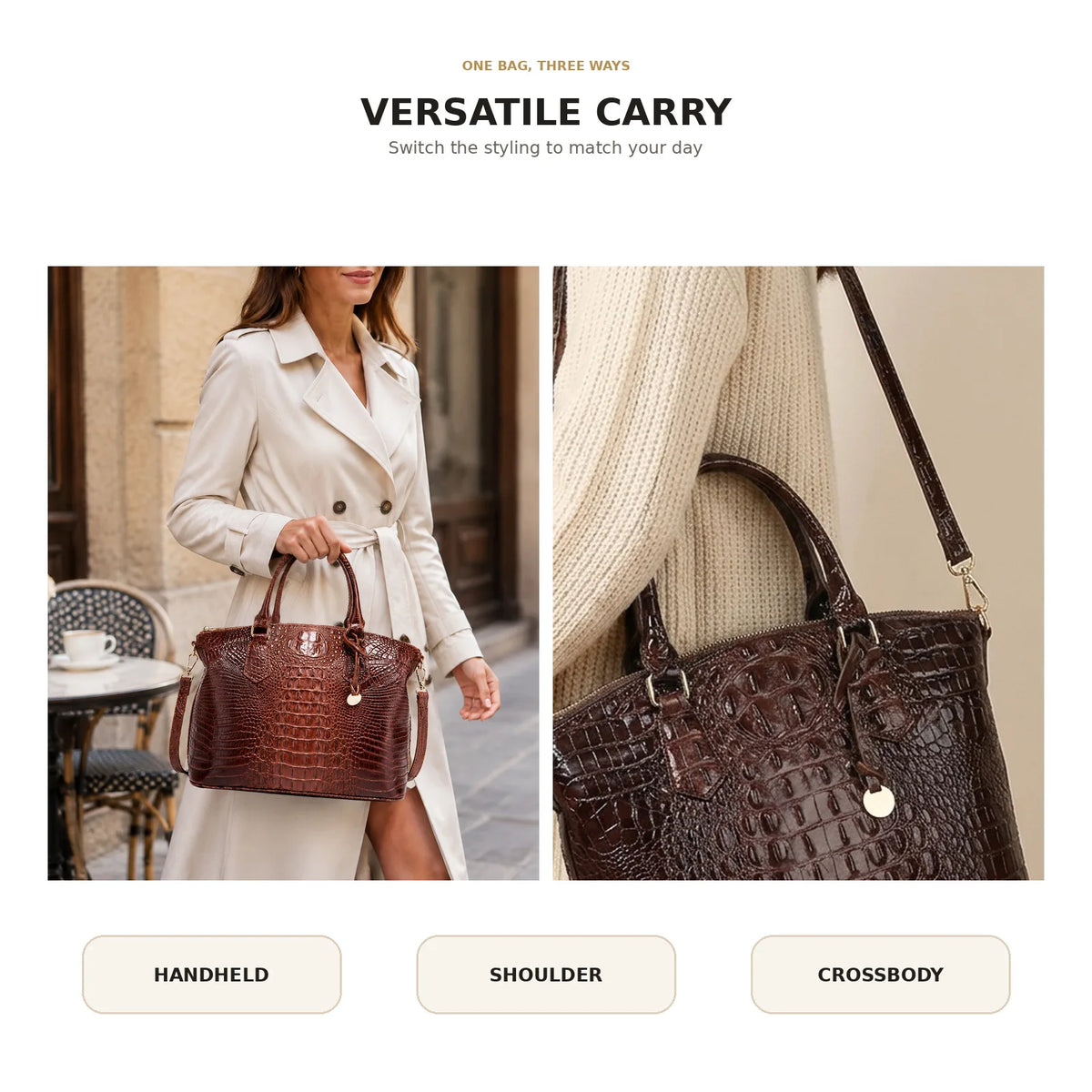 Braunes Krokodilmusterhandtasche in drei Varianten: Handtasche, Schulter und Crossbody.