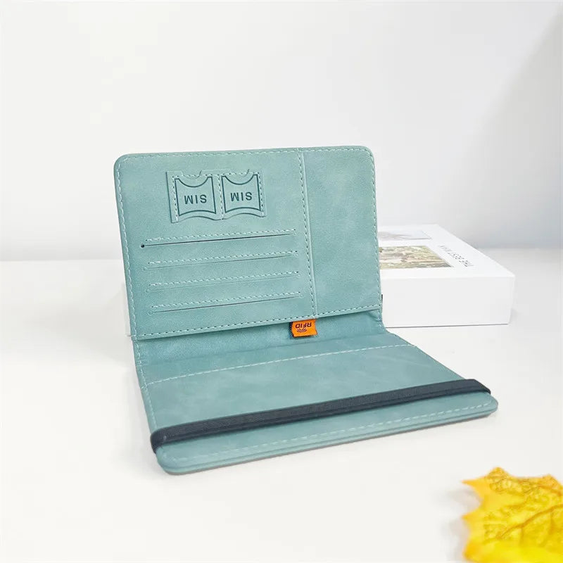 A teal vintage PU leather ID wallet with a fold-over design and a black accent.