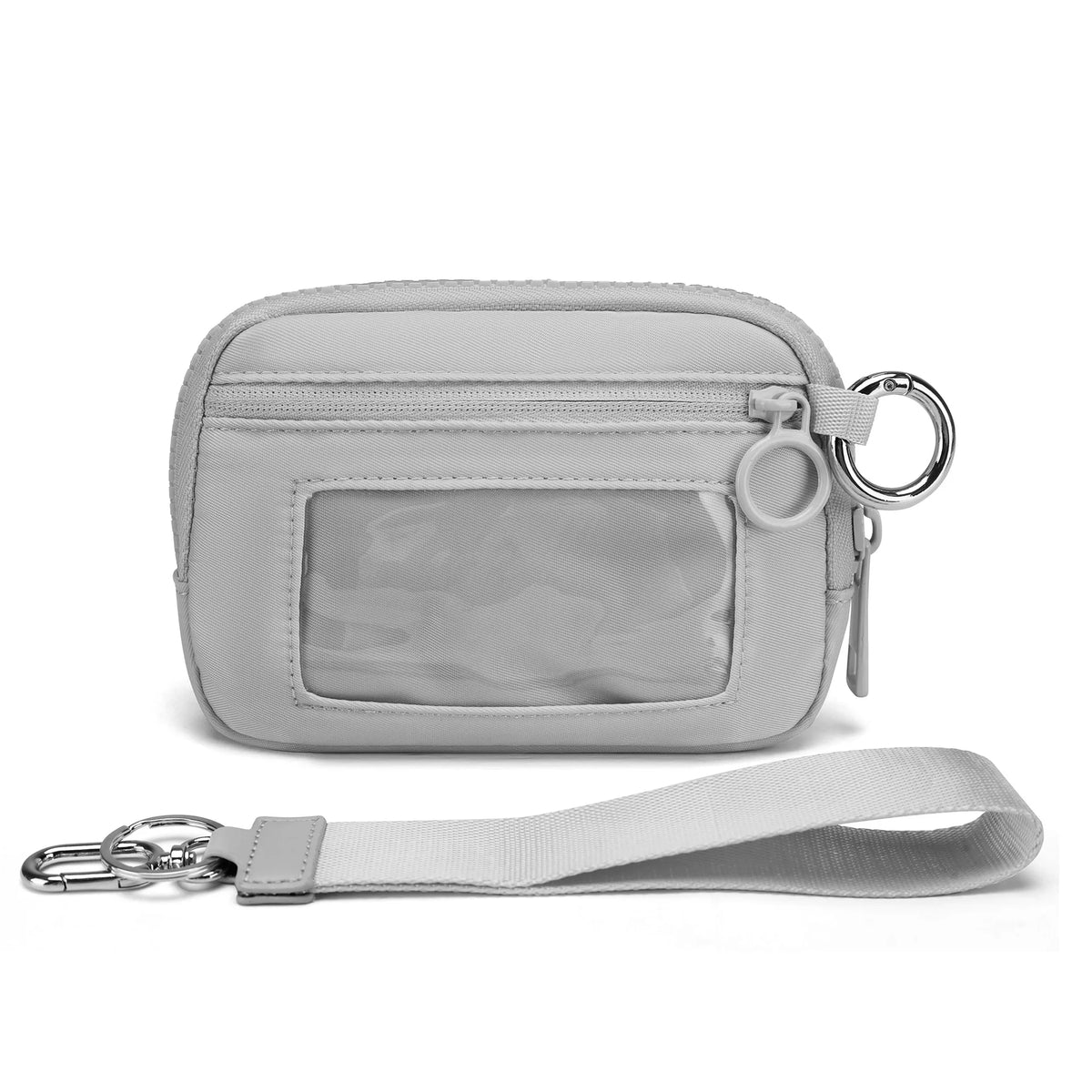 A light gray multi-functional zipper wallet with a clear window and a leather keychain strap.
