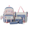 A set of five pastel blue and pink nylon backpacks for students featuring various cartoon designs.