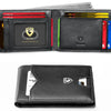 A black slim leather card holder featuring a geometric design with multiple slots for cards.