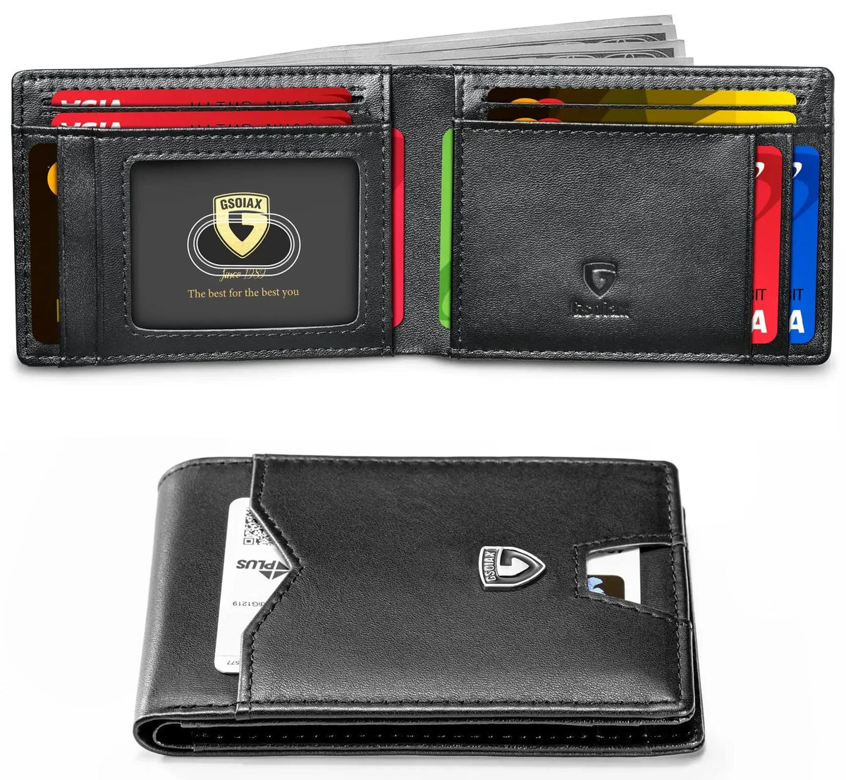 A black slim leather card holder featuring a geometric design with multiple slots for cards.