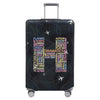 A dark gray stretch fabric luggage protection cover with a silver handle and wheels.