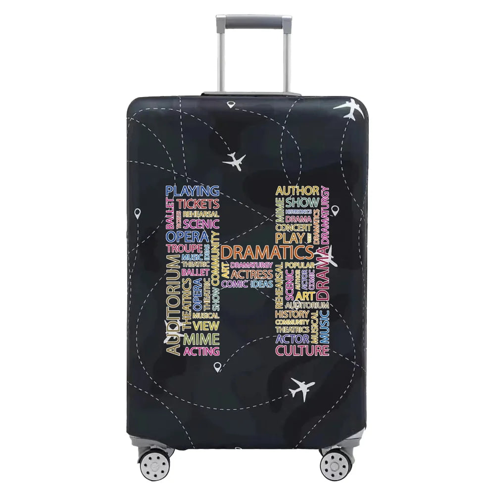 A dark gray stretch fabric luggage protection cover with a silver handle and wheels.