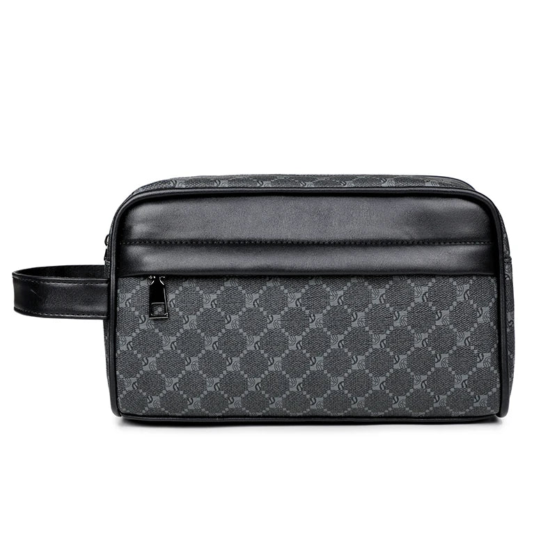 A black PU leather crossbody bag with a flap closure and textured pattern.