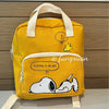 A yellow canvas shoulder bag featuring a Snoopy cartoon design with a question mark and text reading Sleeping is an art.